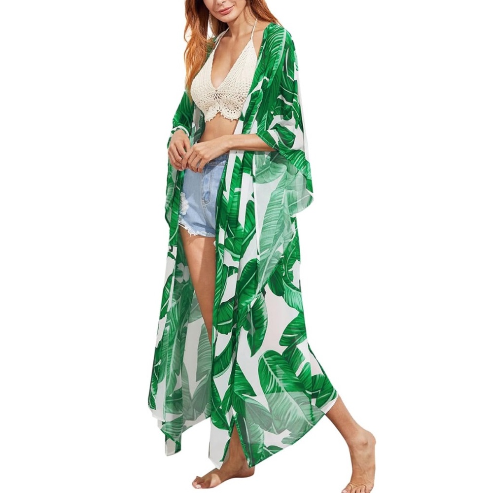 Green Tropical Leaf Print Kimono Cardigan Maxi Cover-Up